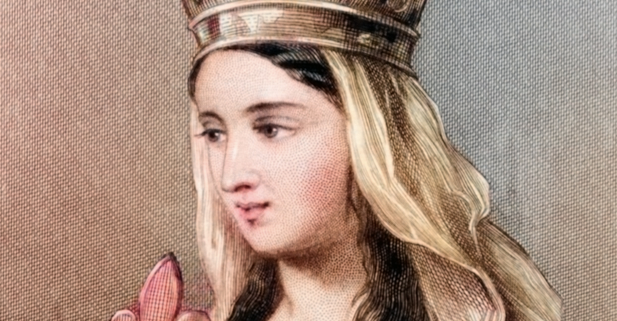 Engraved portrait of Empress Matilda of Flanders, wearing a crown and holding a scepter, circa 1100.