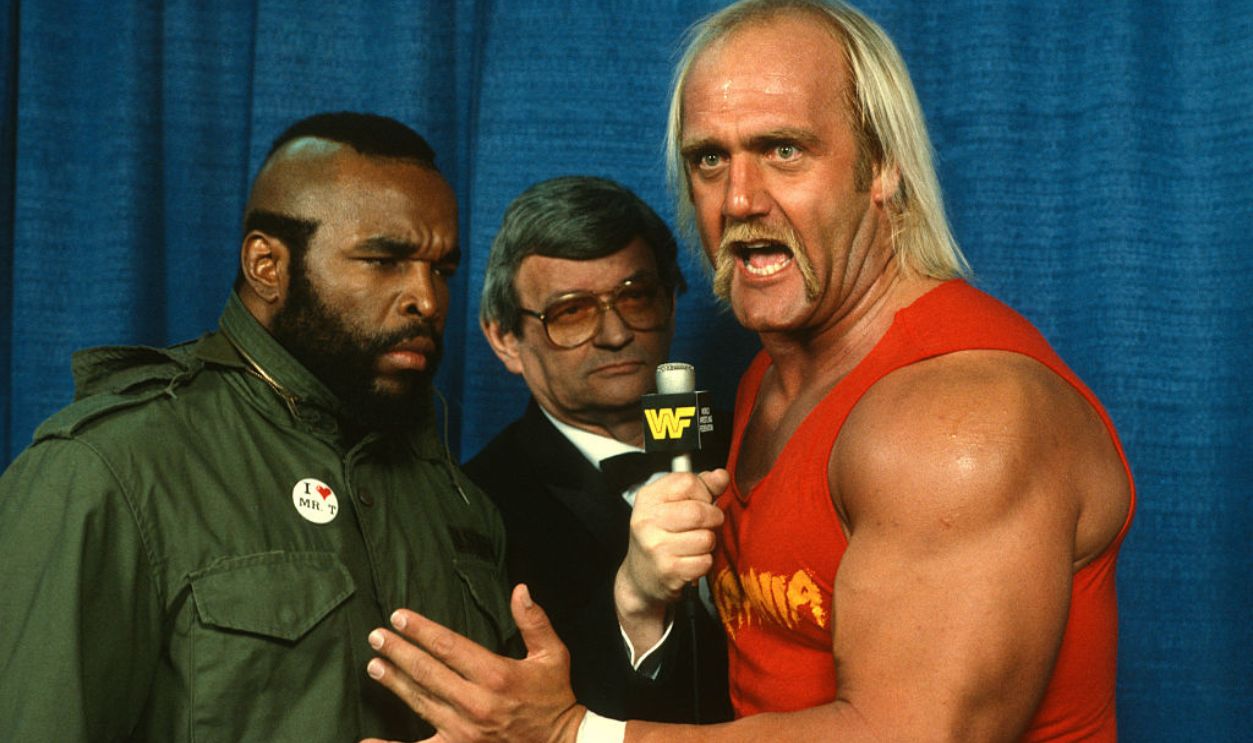 NEW YORK, NEW YORK - MARCH 31: Mr. T and Hulk Hogan during a press event during Wrestlemania 1 on March 31, 1985, at Madison Square Garden in New York, New York.