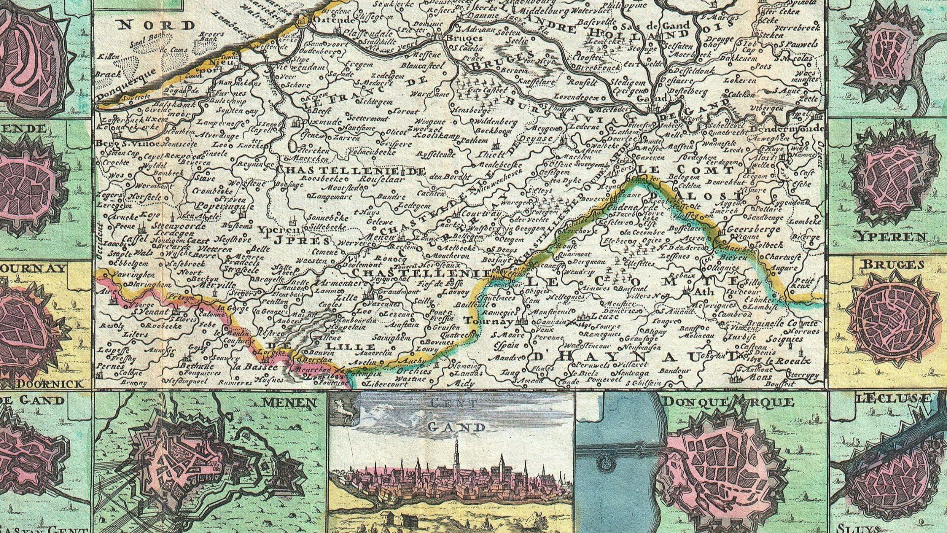 A stunning map of Flanders, Italy first drawn by Daniel de la Feuille in 1706.  This region includes portions of what is today Belgium and Holland.   Surrounded by thirteen views and plans of important villages and fortresses in this region.  From top rig