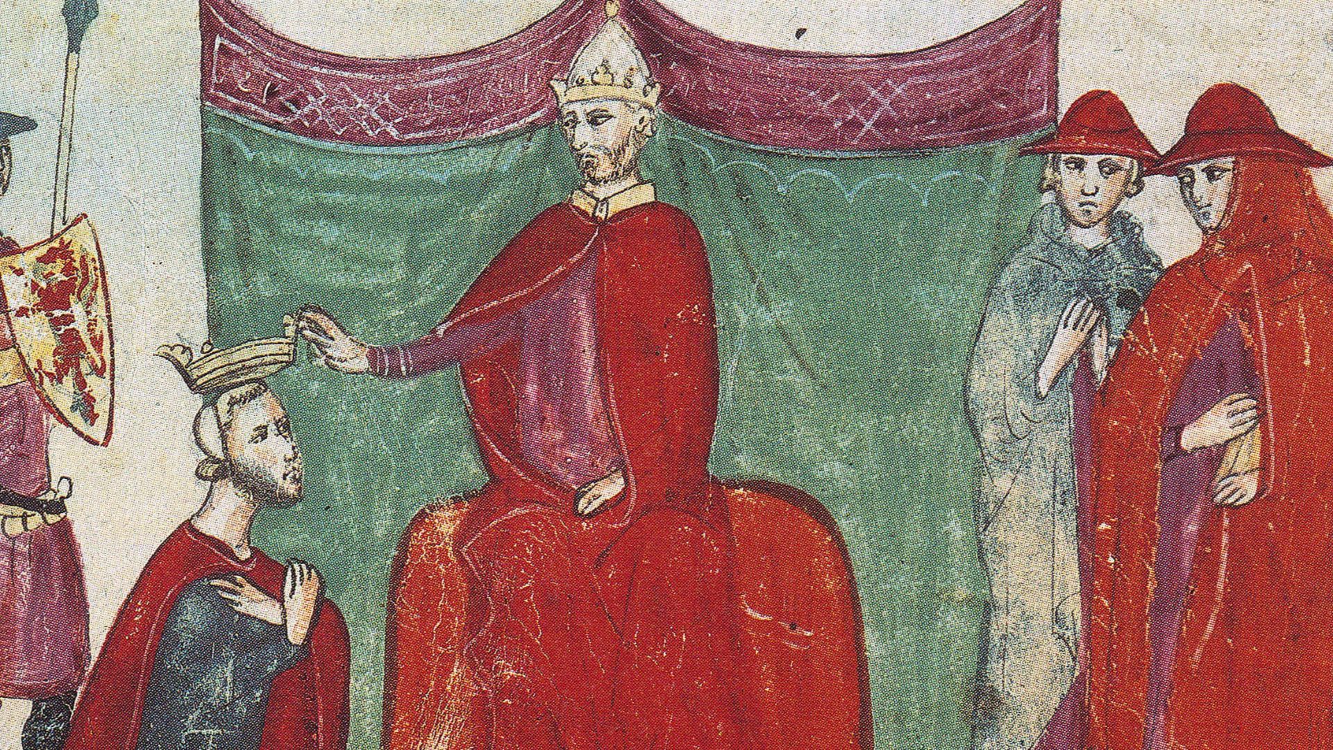 Robert Guiscard is claimed by Pope Nicholas II as a Duke (Illustration of the Nuova Cronica des Giovanni Villani)