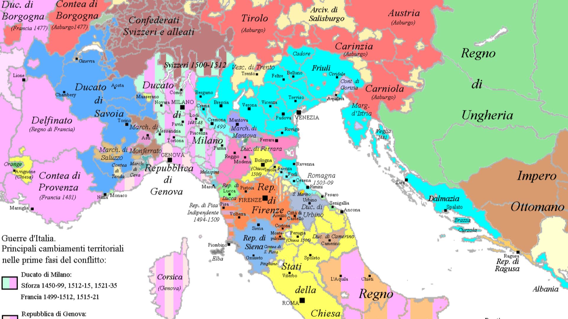 Italy during several stages (up to 1535) of the Italian wars (1494-1559), including the wars of 1494–1498, 1499–1501, 1502–1504, 1508–1516, 1521–1526, and 1526–1530.
