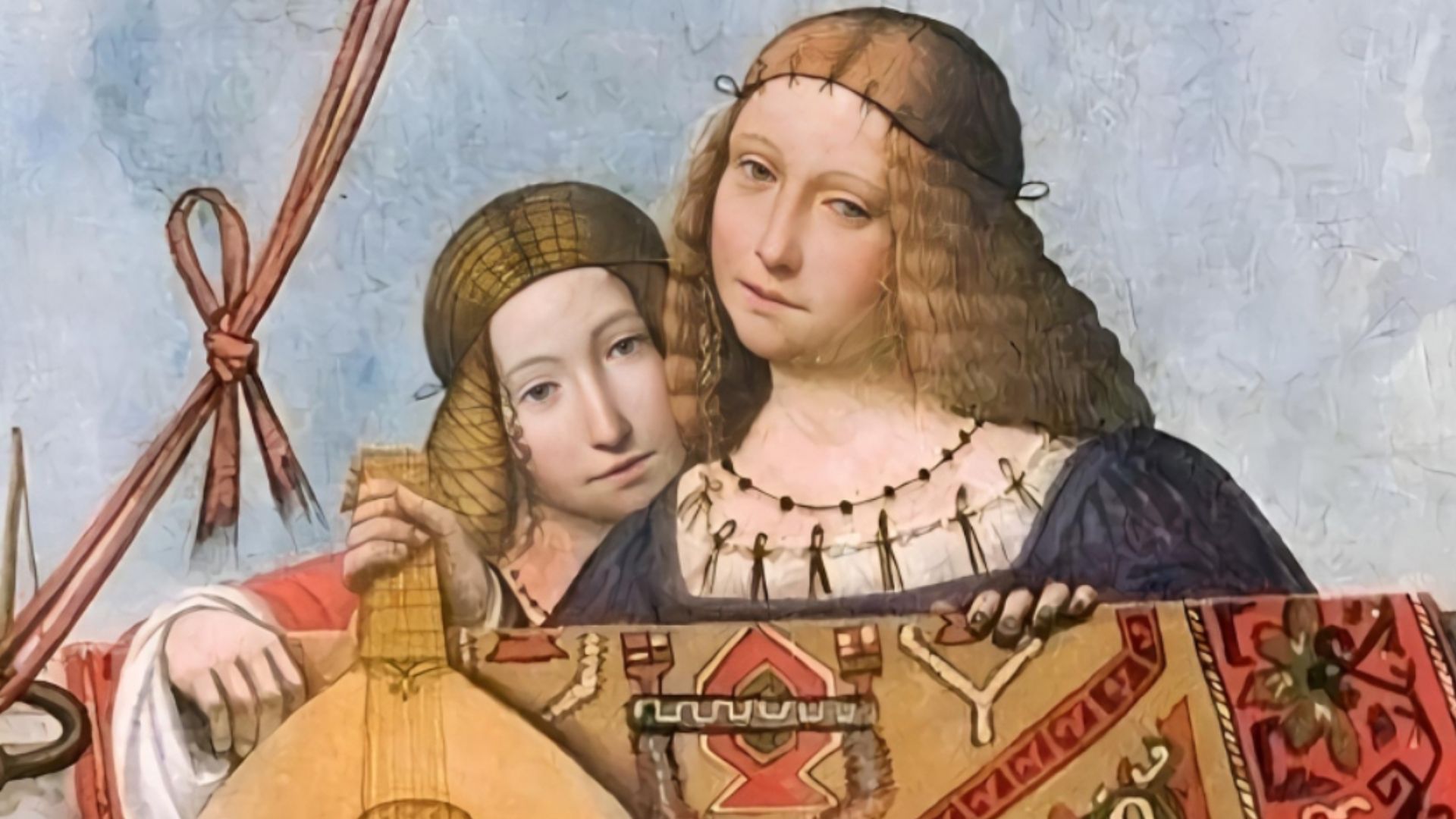 Benvenuto Tisi da Garofalo (1481 —1559) - Sala del Tesoro, 1503-1506 - Palazzo Costabili, Ferrara. Il volto delle due sorelle, Beatrice (a sinistra) e Isabella d'Este (a destra), è stato riconosciuto nelle due spettatrici che, teneramente abbracciate, si 