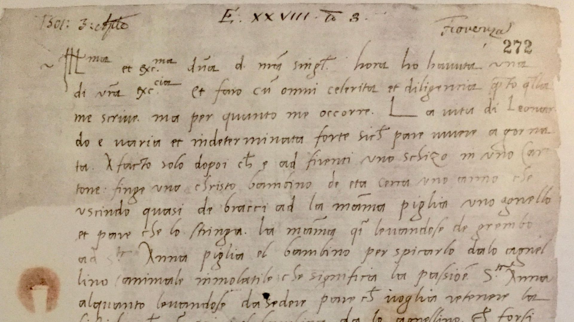 Lettre manuscrite de Fra Pietro da Novellara à Isabelle d'Este 3 avril 1501 où il explique la rejet du peintre pour la peinture et dans laquelle il décrit un carton de Léonard de Vinci représentant une Sainte Anne.