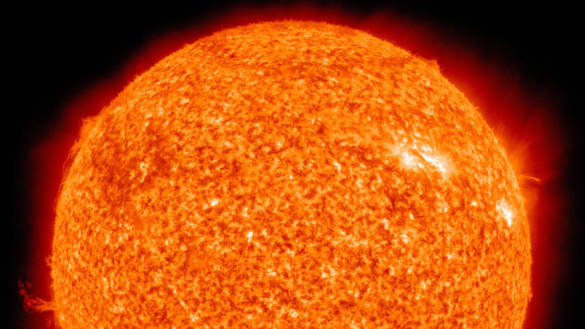 The Sun photographed at 304 angstroms by the Atmospheric Imaging Assembly (AIA 304) of NASA's Solar Dynamics Observatory (SDO).
This is a false-color image of the Sun observed in the extreme ultraviolet region of the spectrum.