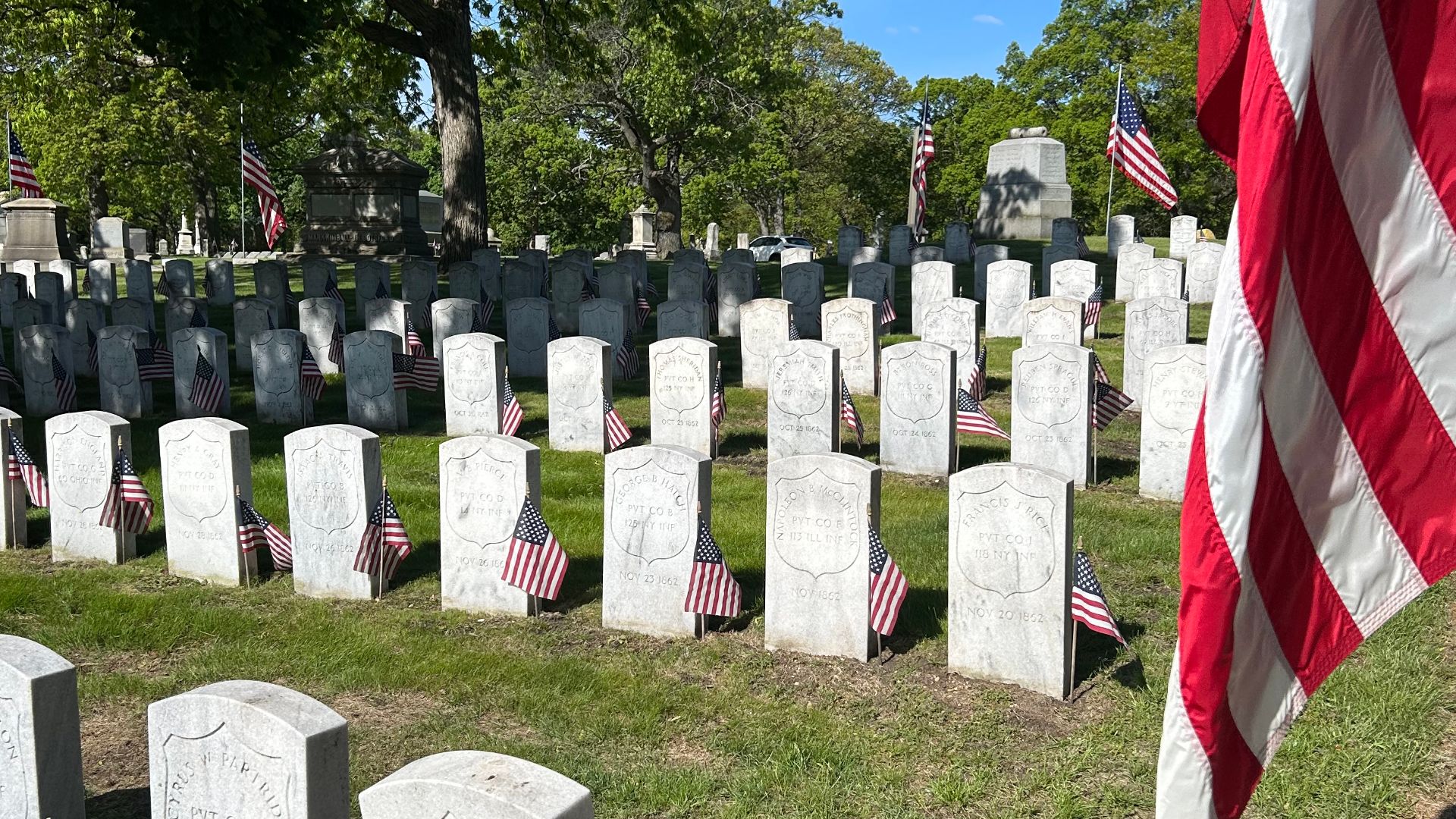Civil war graves and Memorial Day flags Rosehll Cemetery