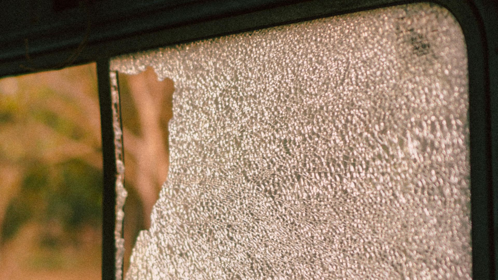View of shattered glass window inside an abandoned vehicle, highlighting decay and neglect.