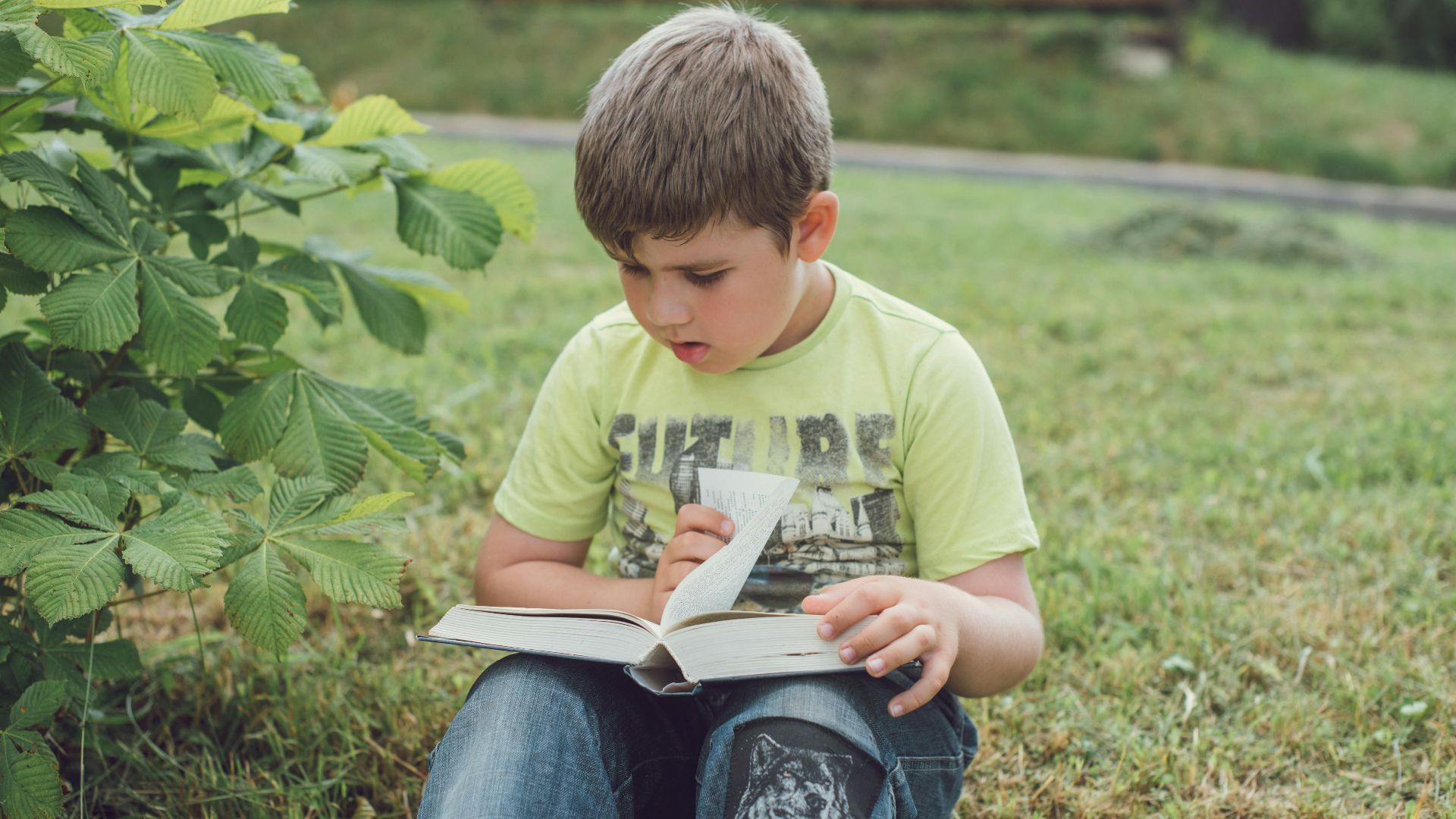 A young boy sits on grass outdoors, engrossed in reading a book.