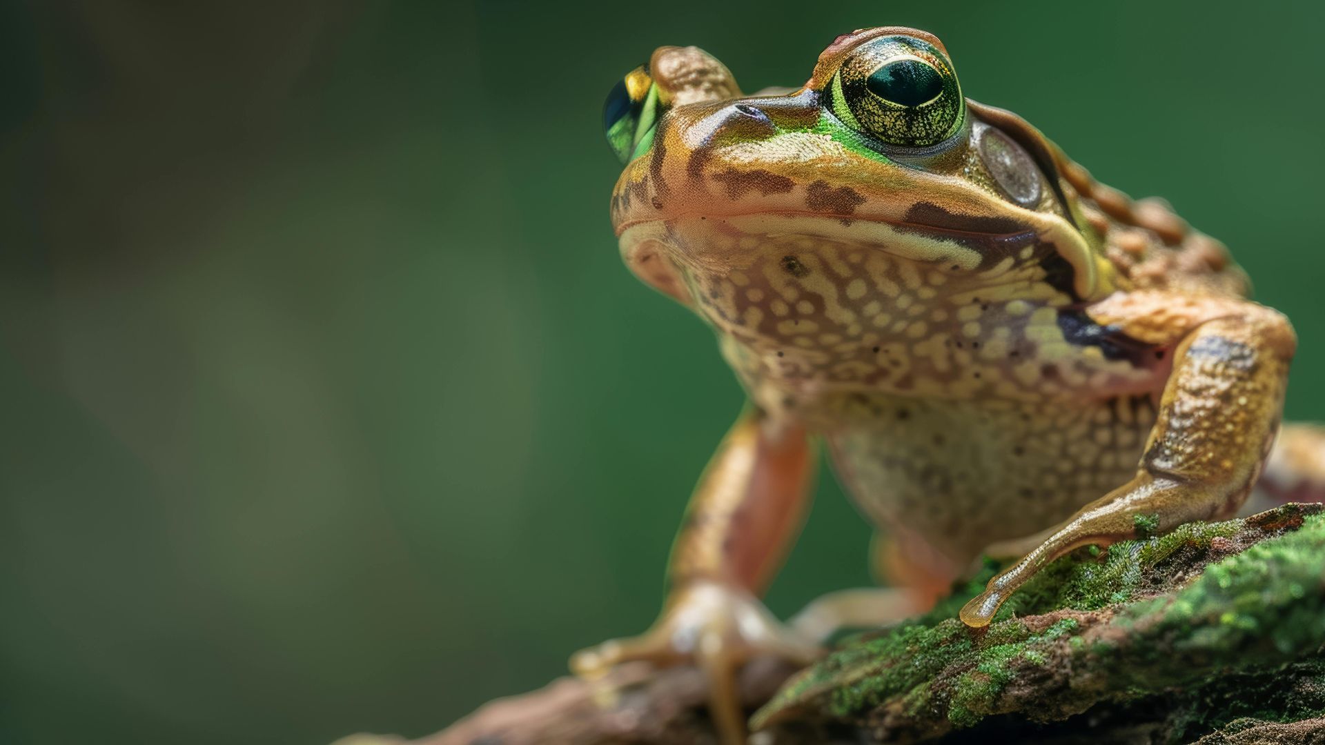 Close-up of a vibrant Green Bell Frog perched on a mossy branch with rich green bokeh background.