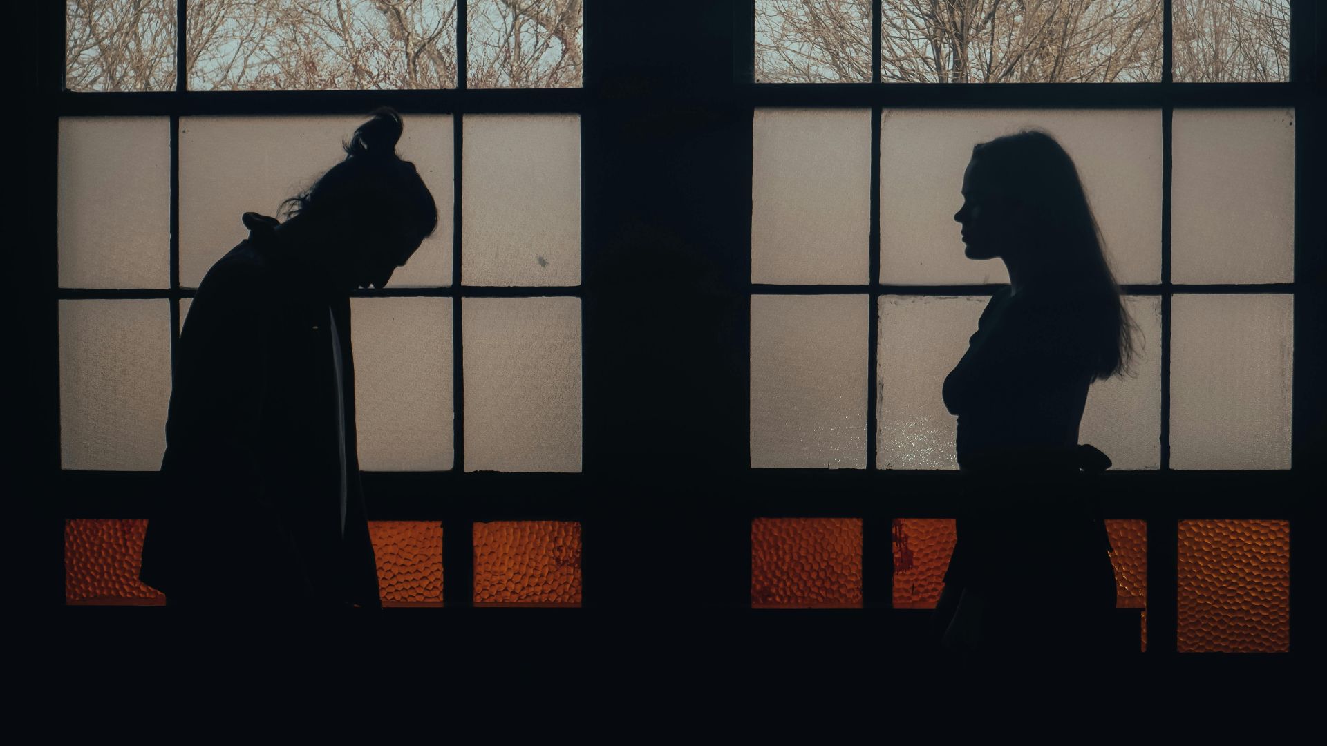 Silhouette of two figures near a large window with frosted glass panels.