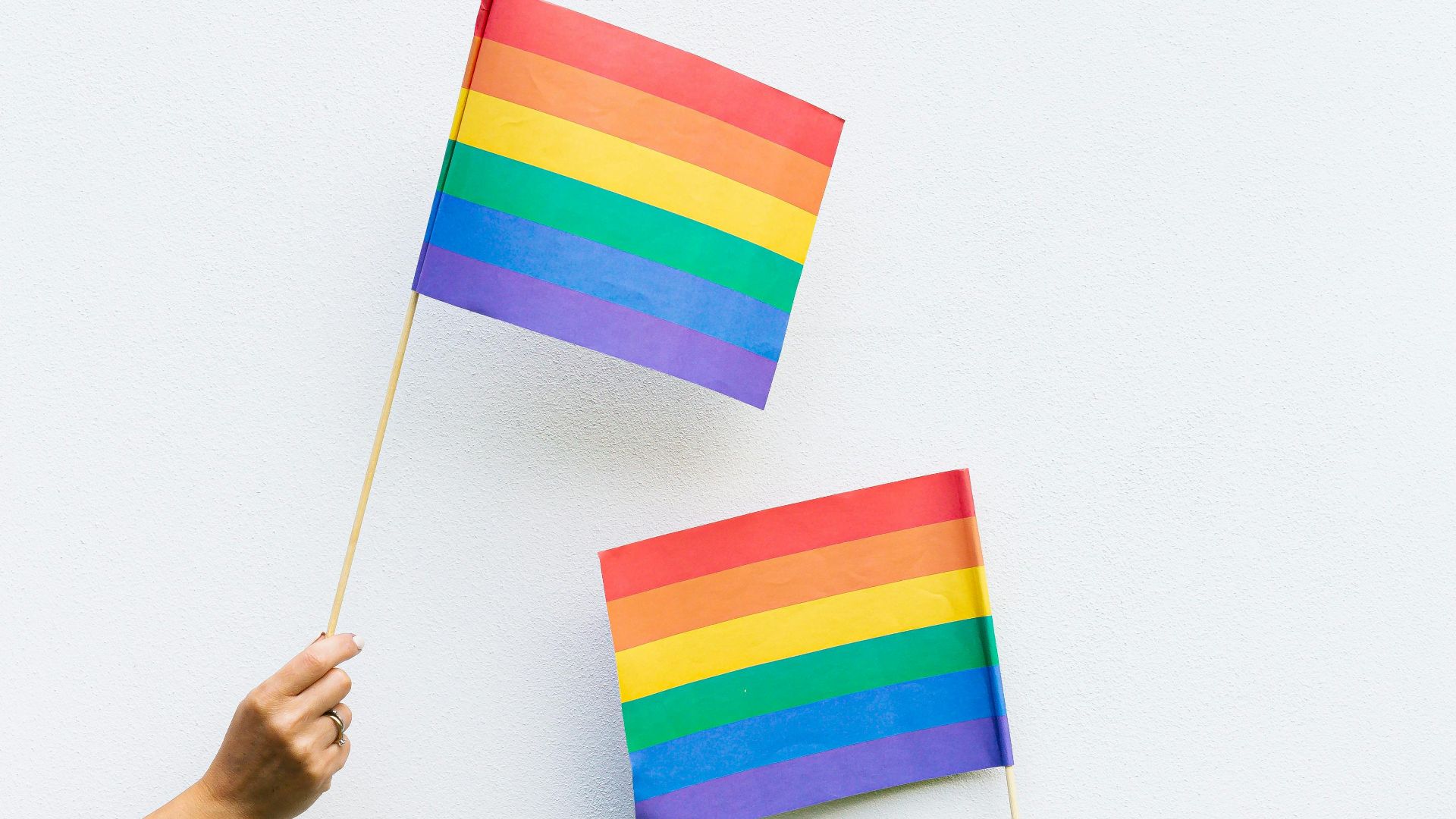 Two rainbow pride flags held by hands against a clean white background.