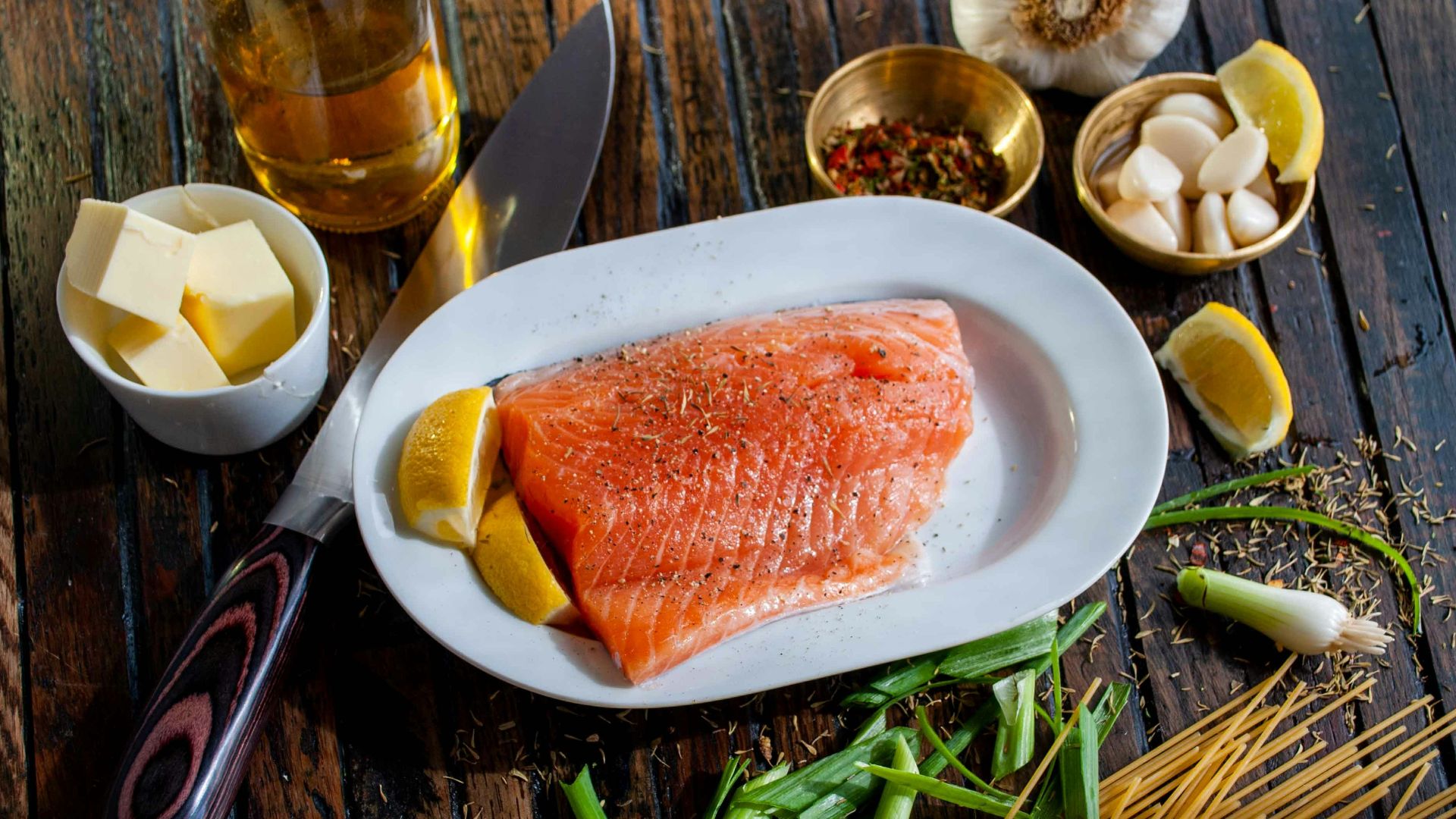 flat lay photography of raw salmon fish