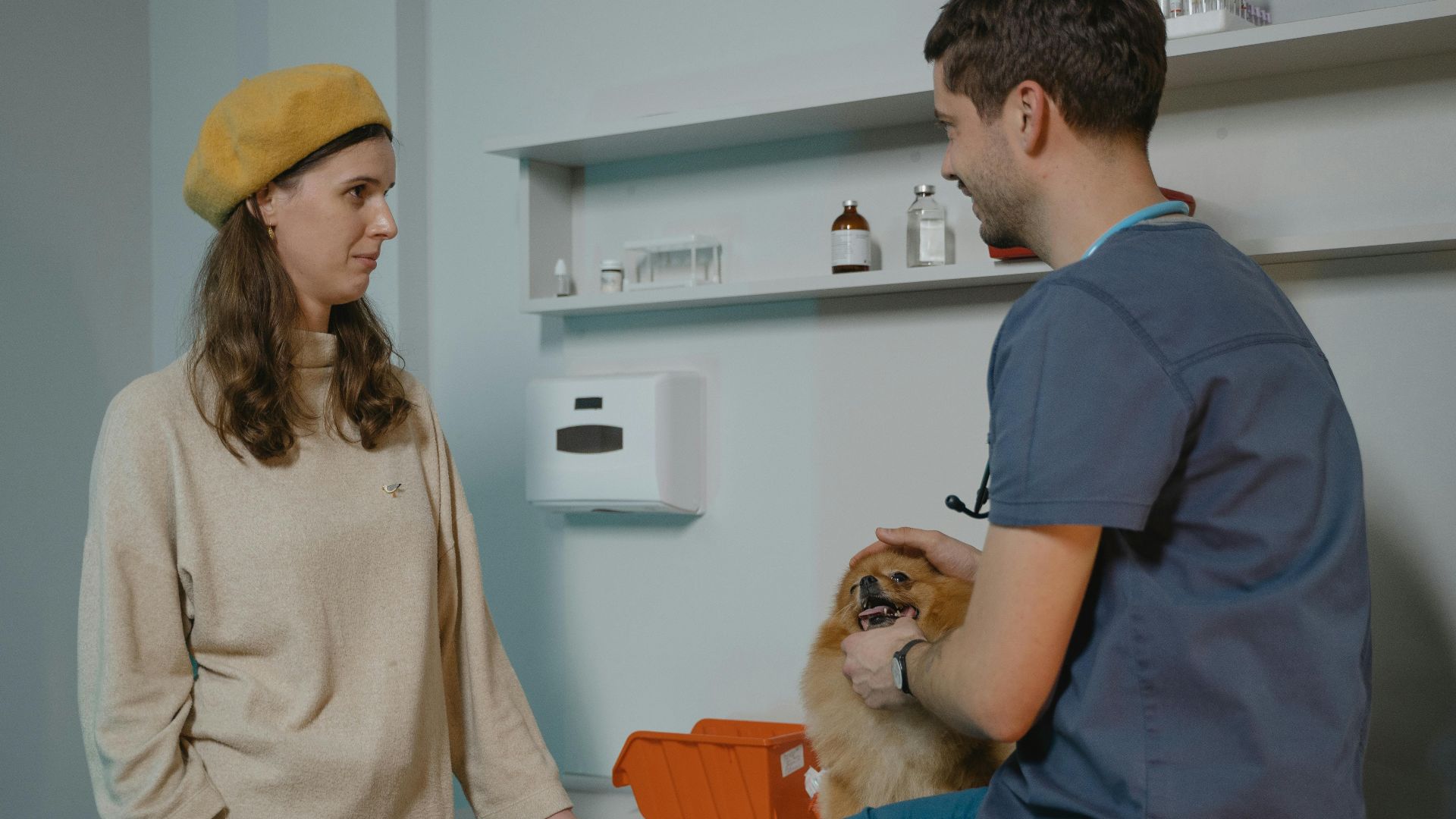 Veterinarian consulting with dog owner in a clinic while holding a Pomeranian.