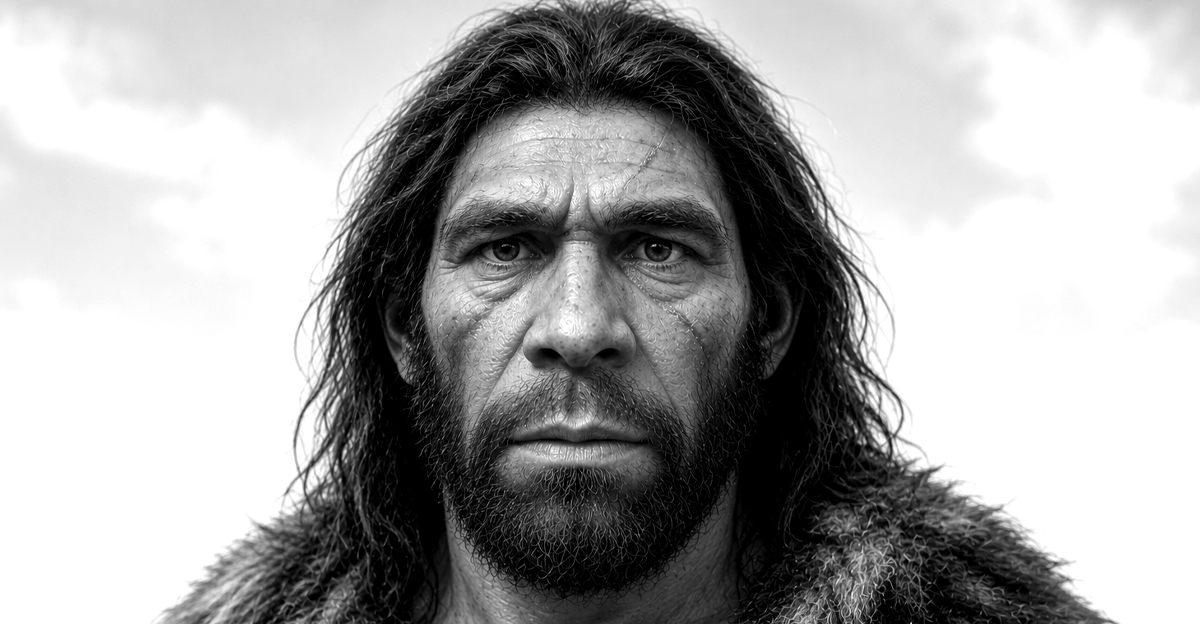 black and white neanderthal man with scars