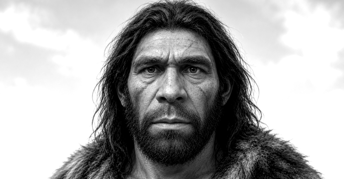 black and white neanderthal man with scars