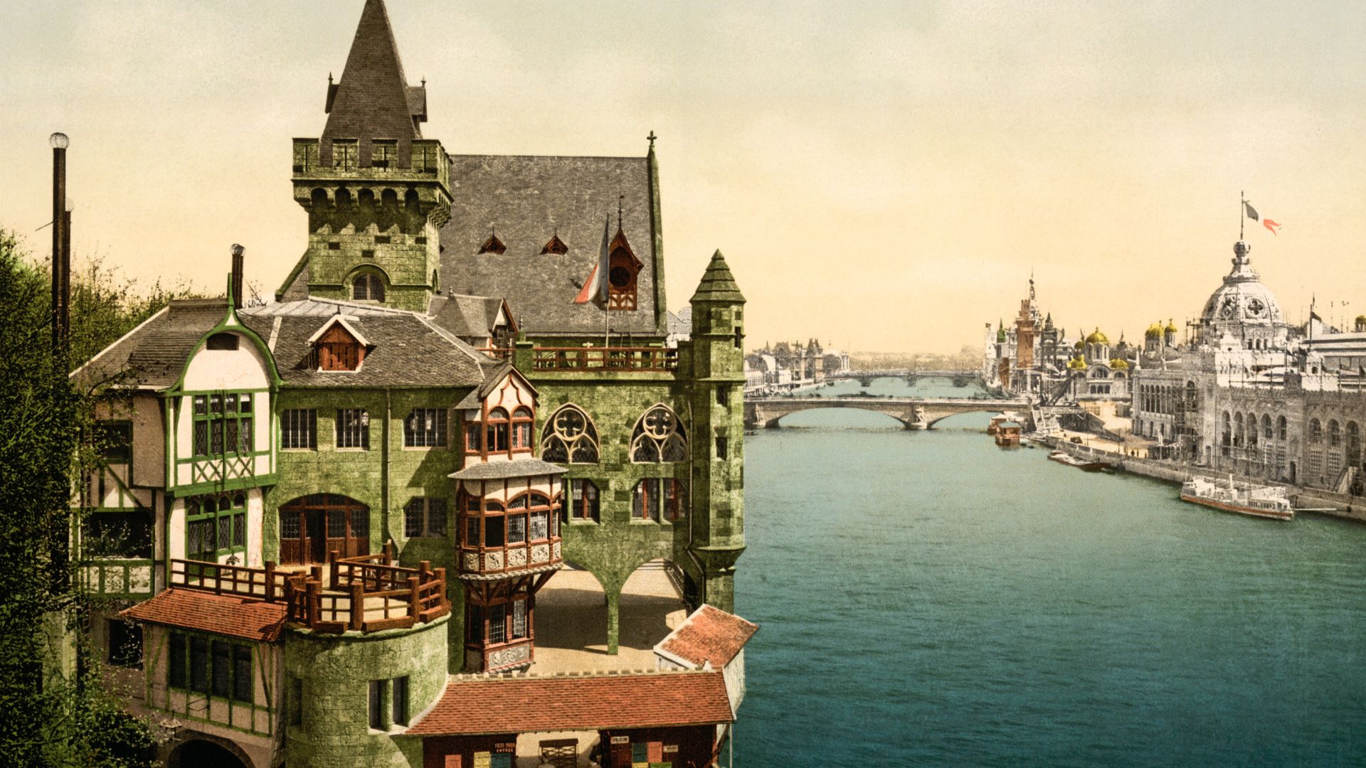 original description: Ancient Paris and perspective of the bridges, showing Army and Navy buildings, Expositions Universal, 1900, Paris, France.