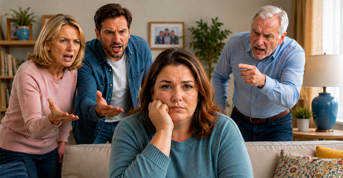 White woman sitting surrounded by angry family members
