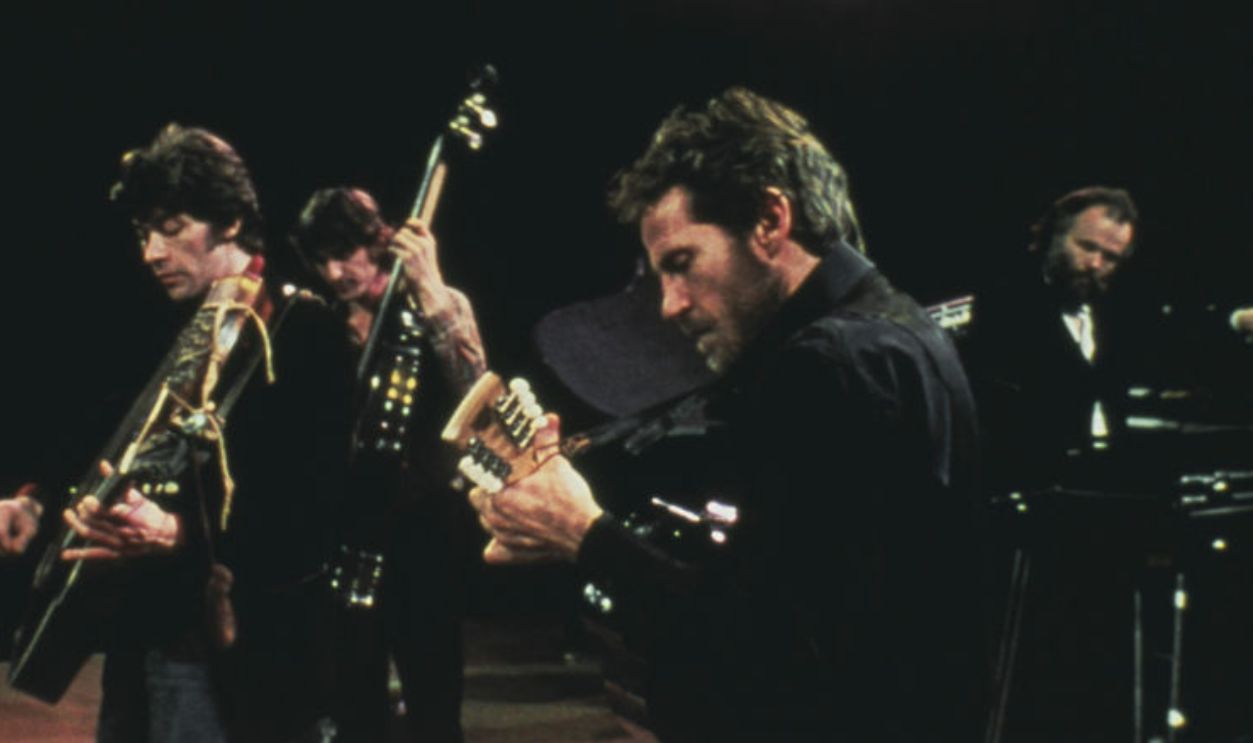 Canadian rock group, The Band performing at their farewell concert at the Winterland Ballroom in San Francisco, 25th November 1976. The concert was filmed by director Martin Scorsese and released as 'The Last Waltz' in 1978. Left to right: Richard Manuel, Robbie Robertson Rick Danko, Levon Helm, and Garth Hudson.