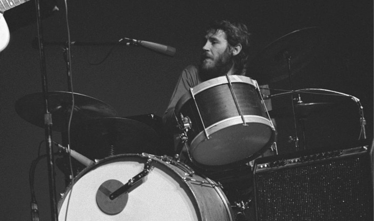 Levon Helm of The Band plays the drums during a concert at Queens College, New York.