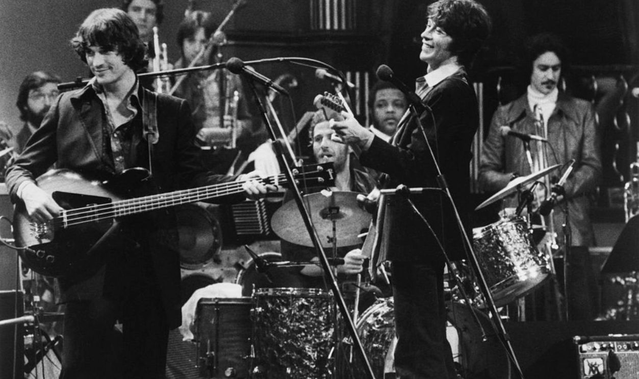 Canadian rock group, The Band performing at their farewell concert at the Winterland Ballroom in San Francisco, 25th November 1976. The concert was filmed by director Martin Scorsese and released as 'The Last Waltz' in 1978. Left to right: Rick Danko, Levon Helm and Robbie Robertson.