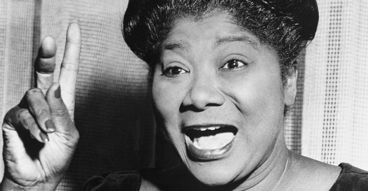 Gospel singer Mahalia Jackson gestures as she sings.