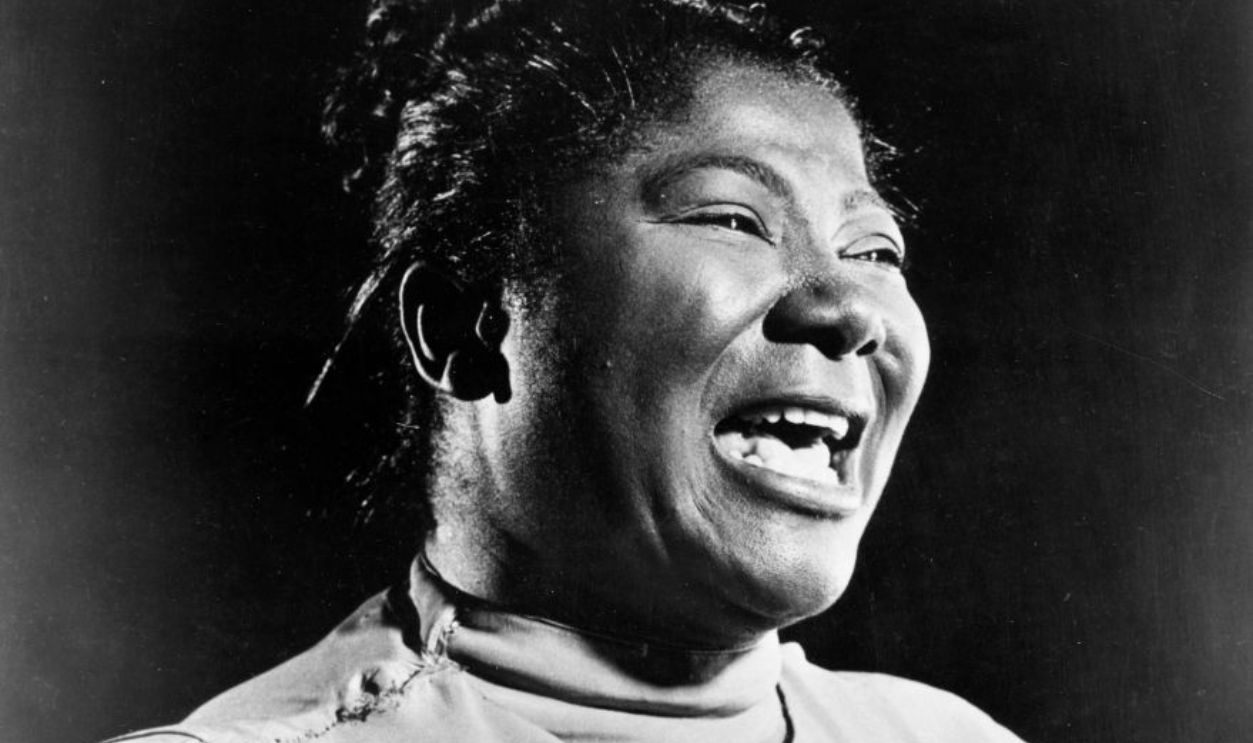 Portrait of Mahalia Jackson, Gospel singer, singing, 1970.