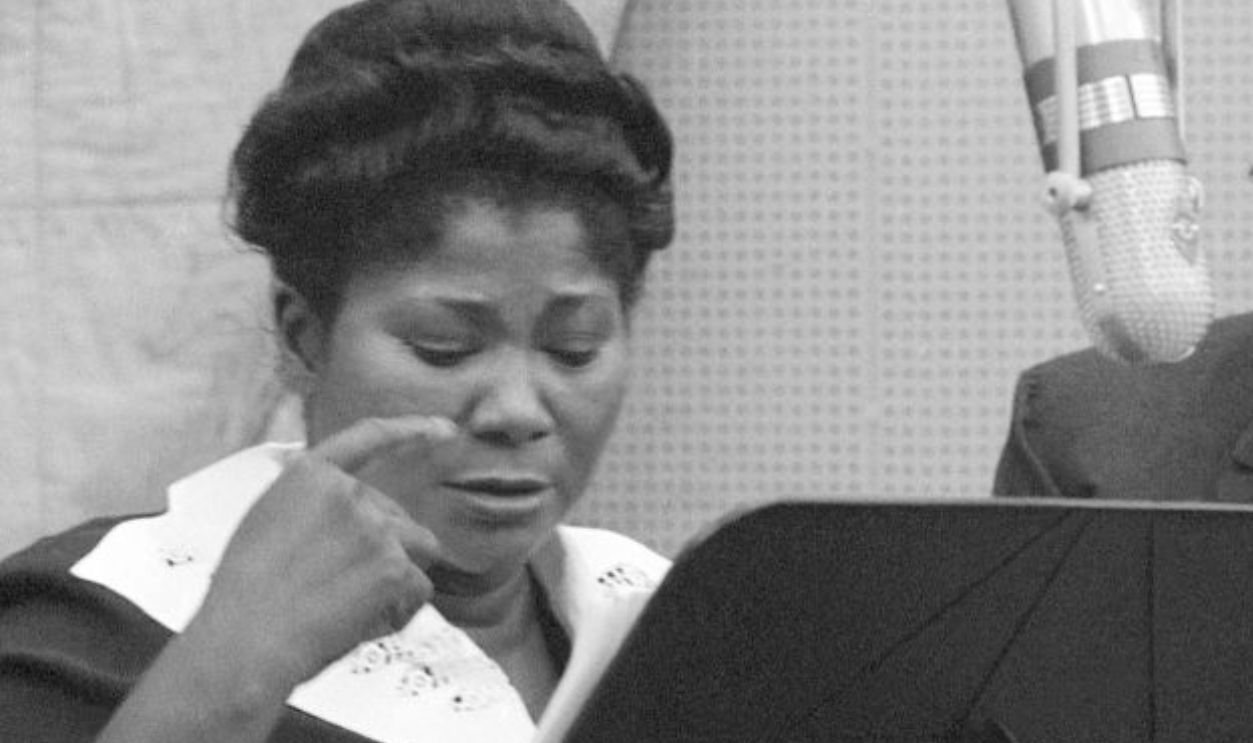 LOS ANGELES - FEBRUARY 1958: Singer Mahalia Jackson and composer and bandleader Duke Ellington in the Columbia Records studio recording the album 'Black, Brown and Beige' in February 1958 in Los Angeles, California.
