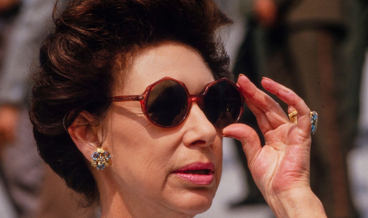 Close-up of British royal Princess Margaret (1930 - 2002) as she visits the Great Wall of China during a Royal Visit, near Beijing, China, May 20, 1987. (