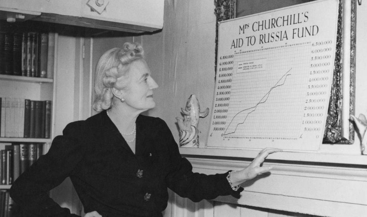 Clementine Churchill, the wife of British Prime Minister Winston Churchill, consults a chart of contributions to her appeal on behalf of the Red Cross Aid to Russia, at 10 Downing Street, London, 23rd May 1944. 