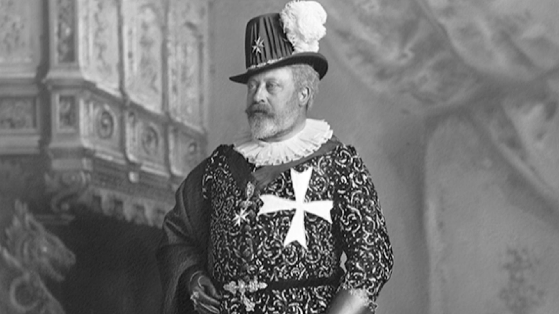 The Prince of Wales (later King Edward VII, r. 1901-1910) dressed in the costume of the Grand Prior of the Grand Master of the Knights Hospitallers of Malta for the Devonshire House Ball in 1897. The image is a contact print on gold-toned printing out paper.