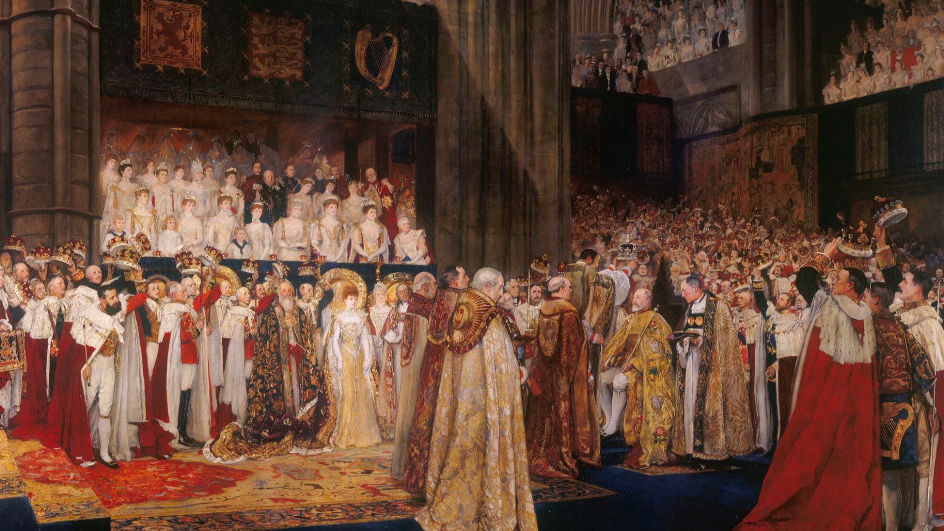 The moment depicted is when the Archbishop of Canterbury, with arms lifted is about to place the Imperial Crown on the head of Edward VII, who is seated, clothed in robes of State, in the Coronation chair. Princes and peers raise their coronets and lead the shout ‘God Save the King’. Beside the King stands the Bishop of Bath and Wells, behind whom