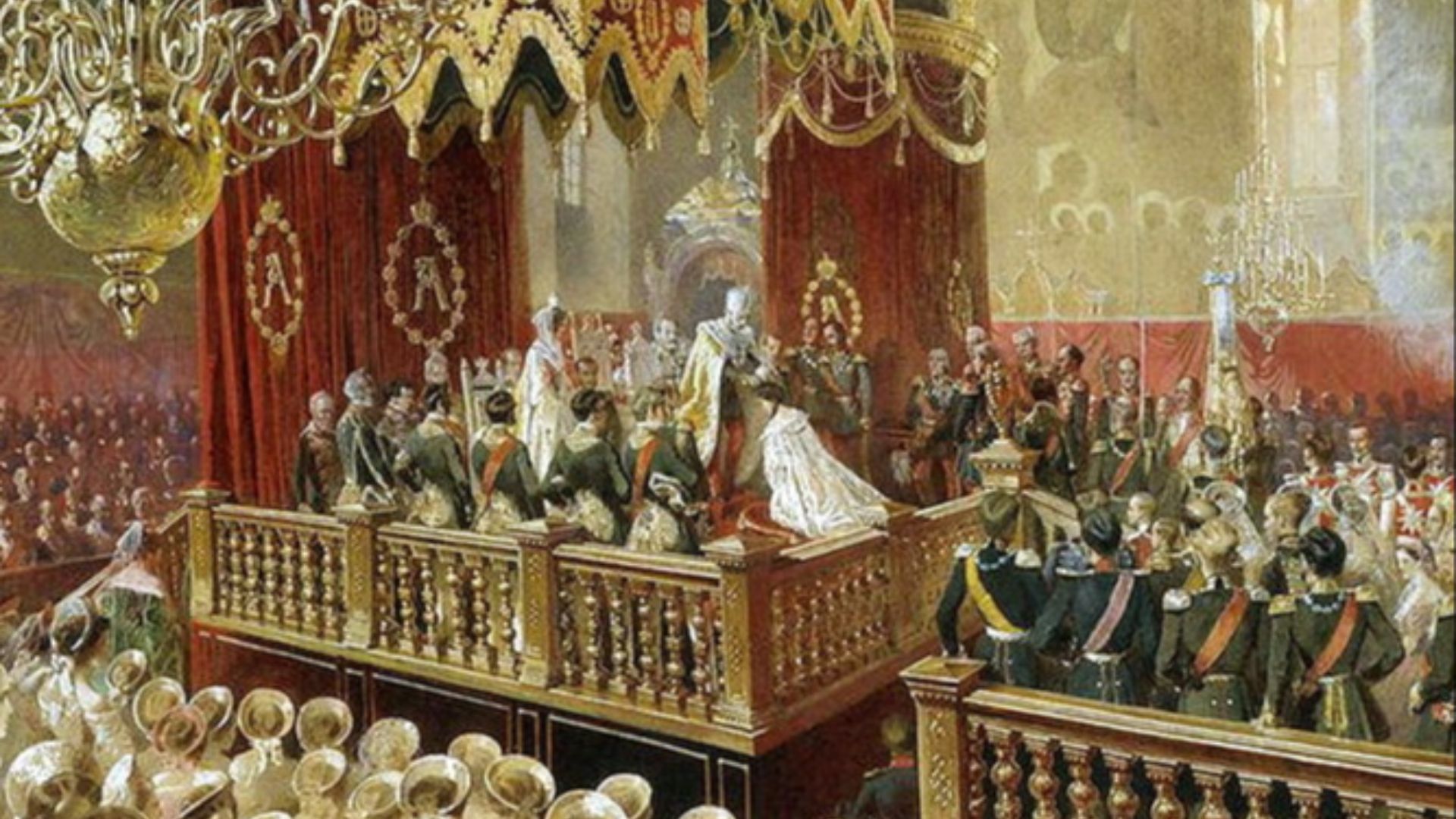 Coronation of Tsar Alexander II in  1856 at the Dormition Cathedral of the Moscow Kremlin. The painting depicts the moment of the coronation in which the Tsar crowns his Tsarina