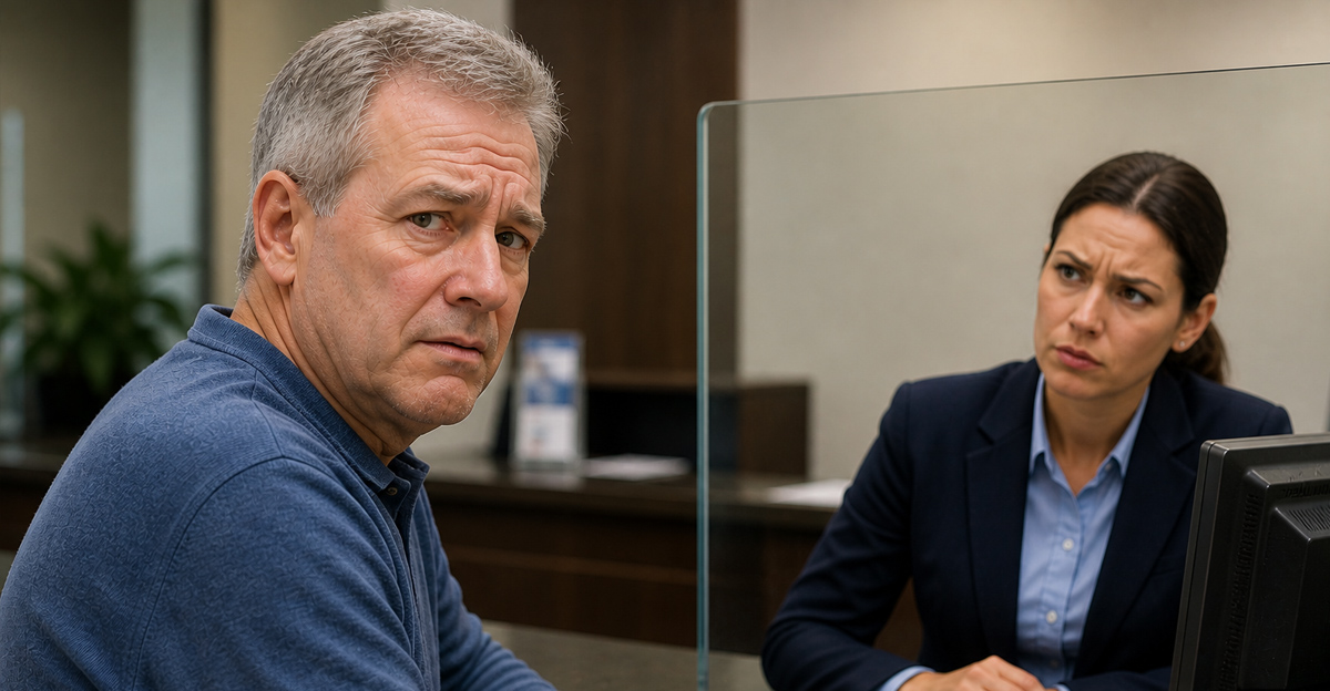 Older man looking concerned with a bank teller who looks suspicious