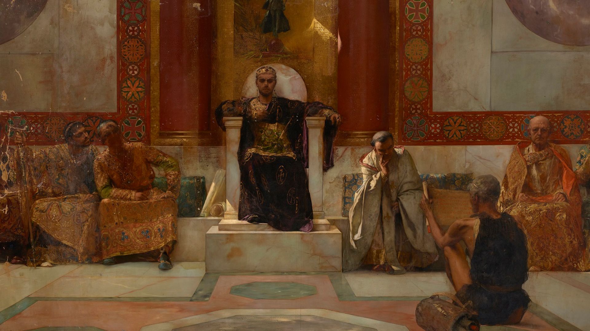 A painting by 19th-century French artist Jean-Joseph Benjamin-Constant depicts the Byzantine Emperor Justinian and his counselors engaged in a discussion of religious texts.
