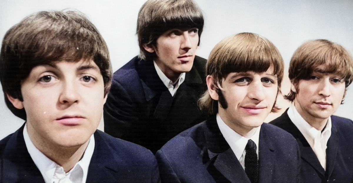 Portrait of British pop group The Beatles (L-R) Paul McCartney, George Harrison (1943 - 2001), Ringo Starr and John Lennon (1940 - 1980) at the BBC Television Studios in London before the start of their world tour, June 17, 1966.