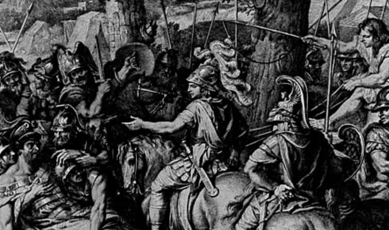 The injured Rajah Porus is brought before Alexander (19th century adaptation from the painting in the Louvre done in 1673 by Charles le Brun)