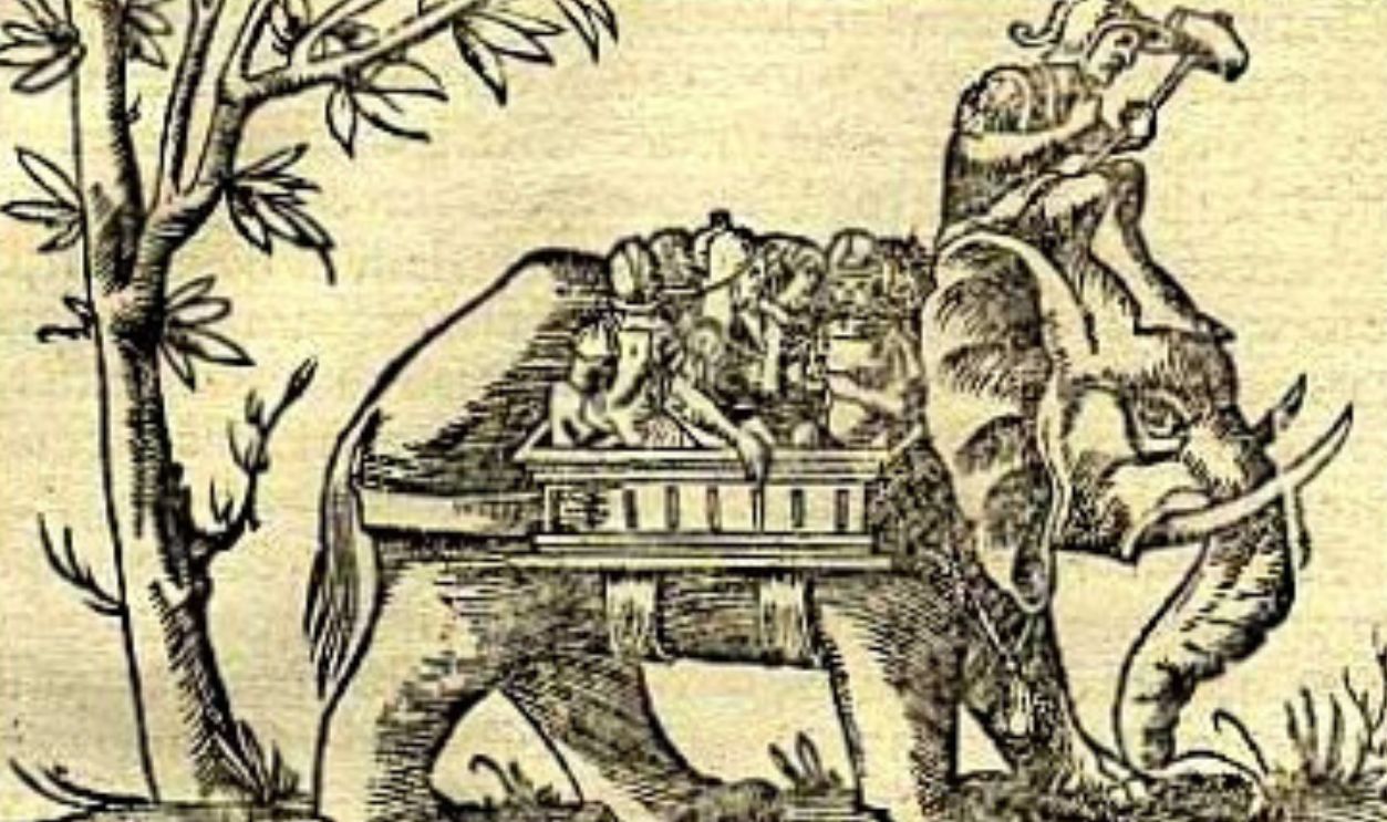 Porus's elephant cavalry, Cosmographia (1544)