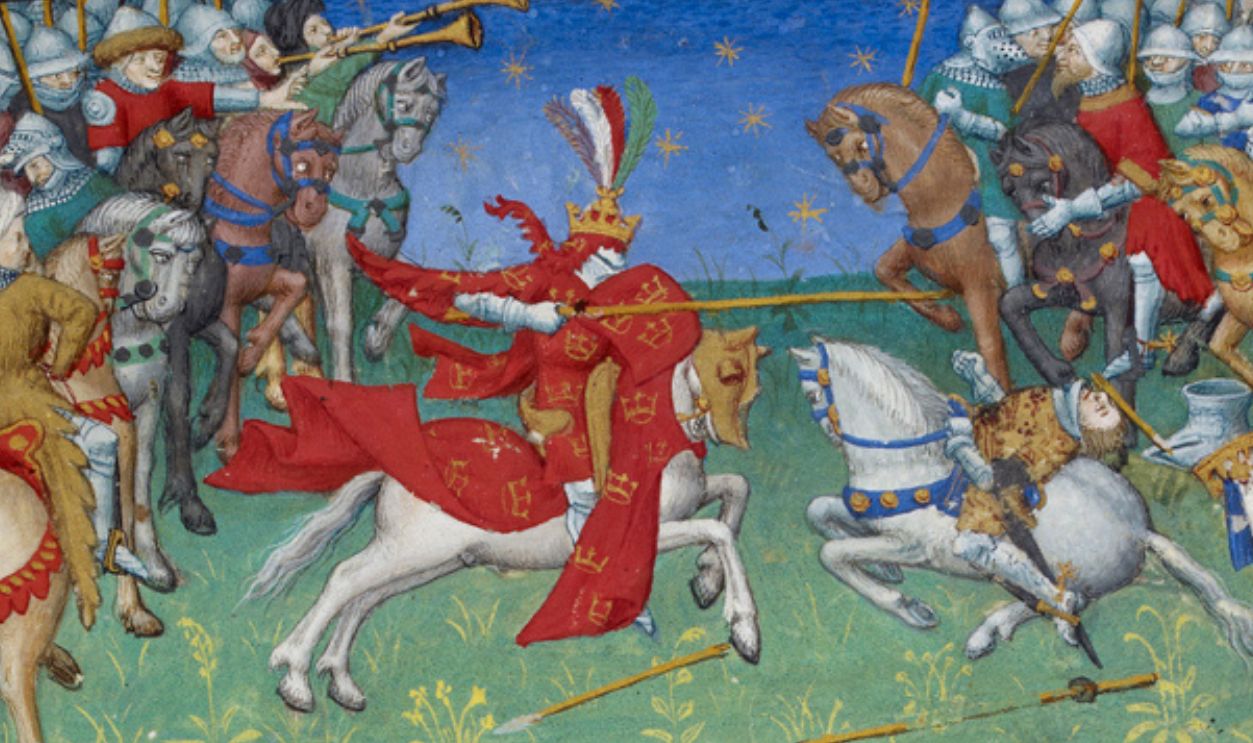 Alexander unhorsing Porrus - British Library Royal MS 20 B xx f53r (detail)