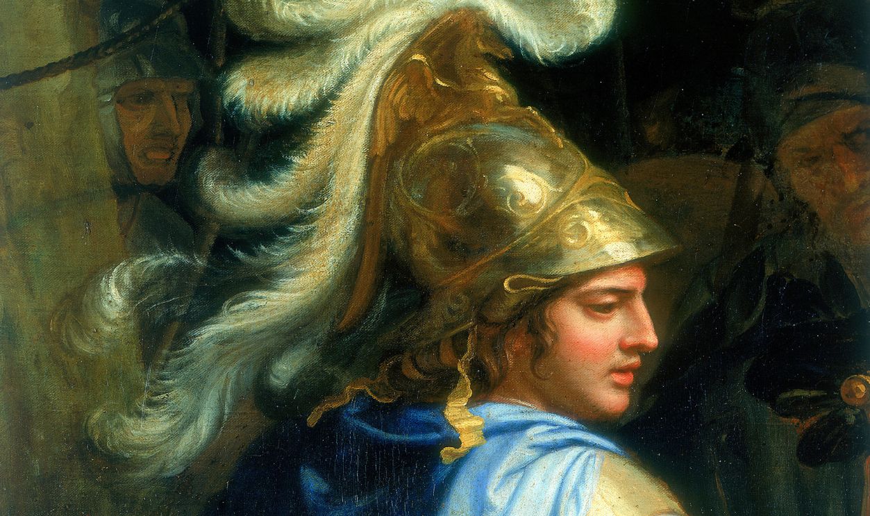 Getty Images - 463928185 - 'Alexander and Porus', c1673. Detail showing Alexander the Great in a blue robe and with a plumed helmet.
