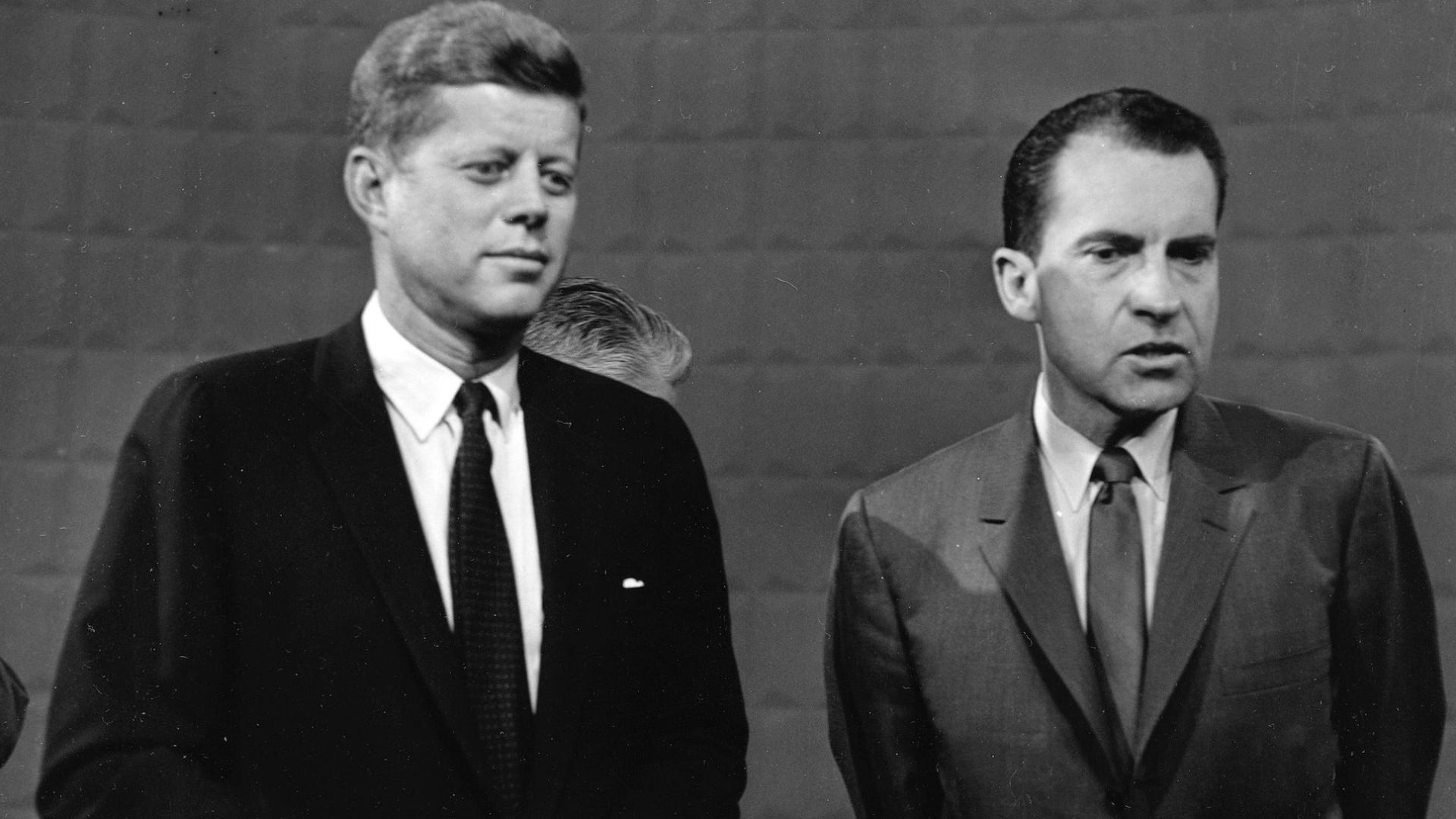 Photo of John F. Kennedy and Richard Nixon taken prior to their first debate at WBBM-TV in Chicago in 1960.