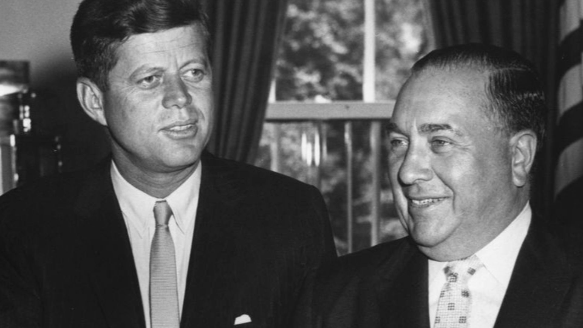 President John F. Kennedy meets with Mayor of Chicago, Richard J. Daley (right). Oval Office, White House, Washington, D.C.