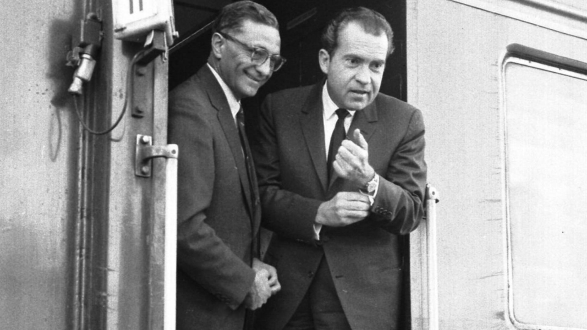 Photograph of the U.S. President Richard Nixon on a train in Lahti, Finland, leaving for Moscow.