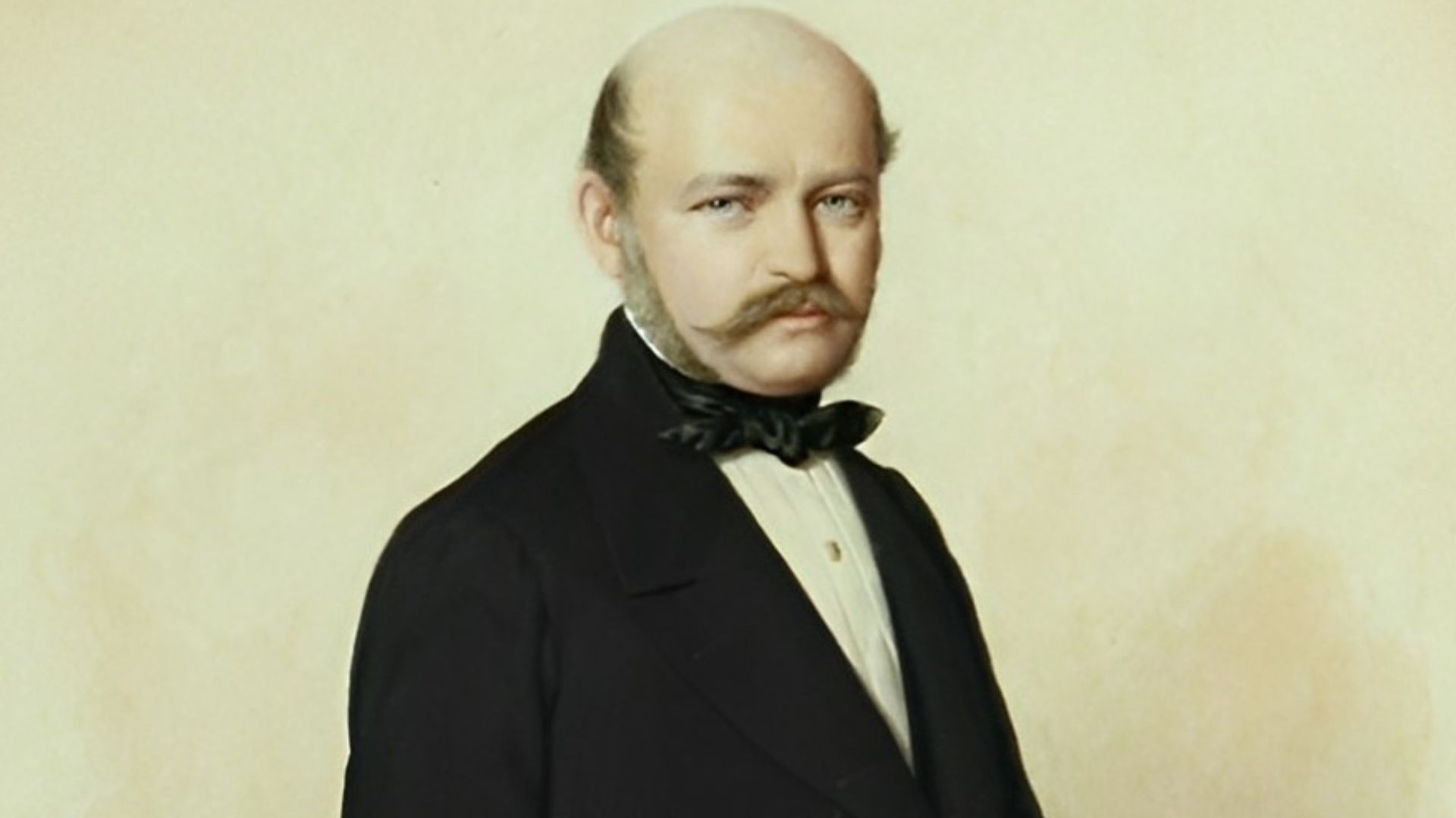 Ignaz Semmelweis on his betrothal portrait in 1857; water-colour by August Canzi. One half of a pair of pendants. The only portrait painting made in Ignaz Semmelweis' lifetime (except his portrait as a boy).