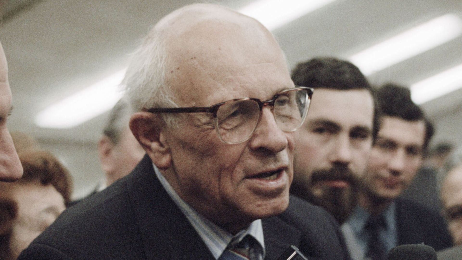 “Academician Sakharov”. Academician Andrei Sakharov being interviewed at a conference of the U.S.S.R. Academy of Sciences.