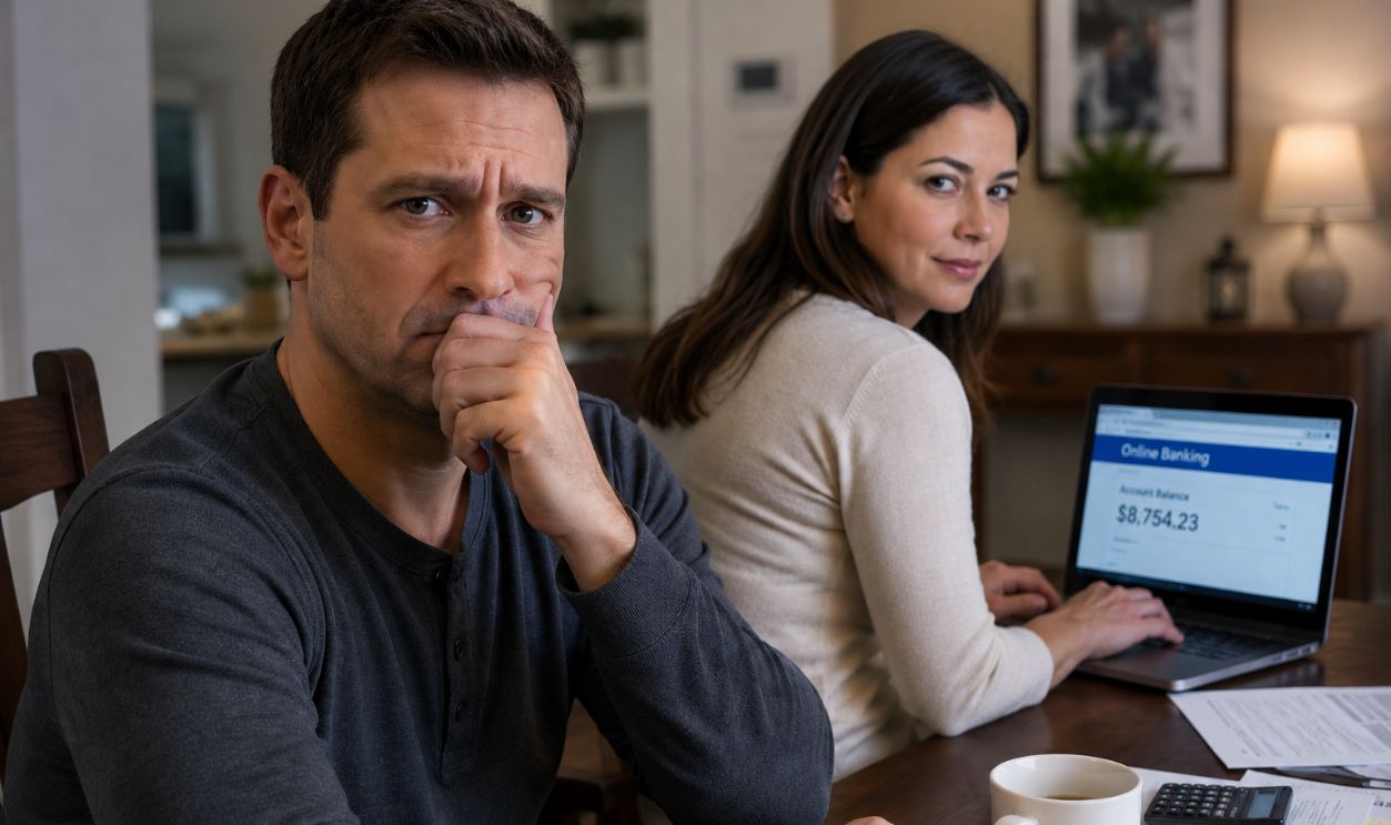 worried man and woman using laptop