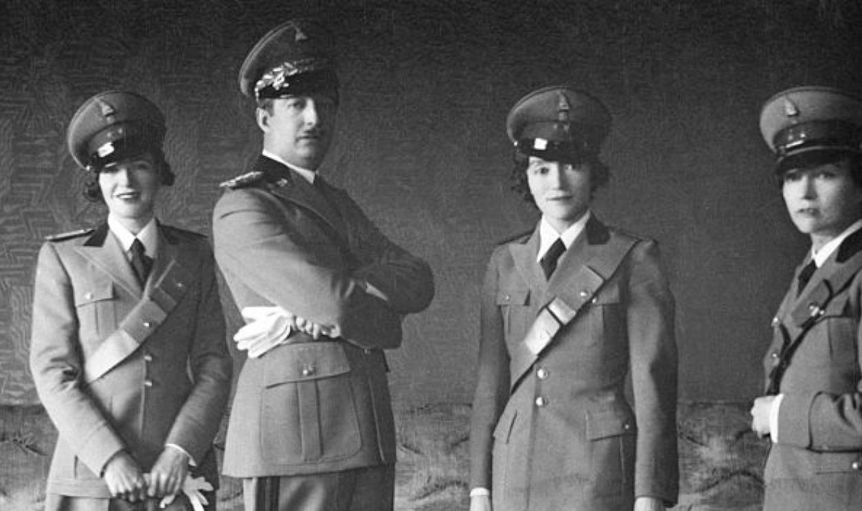 (Original Caption) 4/25/1938-Tirana, Albania- This is the royal family group of Albania in uniform. With King Zog I, second from left, are his three sisters, Myzjen, Ruhije and Maxhide. The sisters recently visited the United States. King Zog I was soon to marry Countess Geraldine Apponyi of Hungary.
