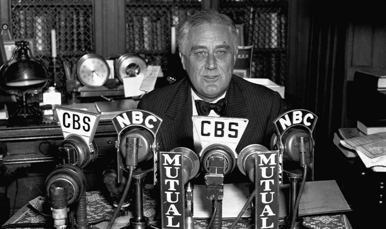 Portrait of President Roosevelt as he spoke during a radio broadcast from his Hyde Park home, the night of Nov. 4. In his speech, the President called upon the nation's voters to elect New Deal candidates, giving particular endorsement to Gov. Herbert H. Lehman and Sen. Robert. Wagner, both of New York and up for re-election. 