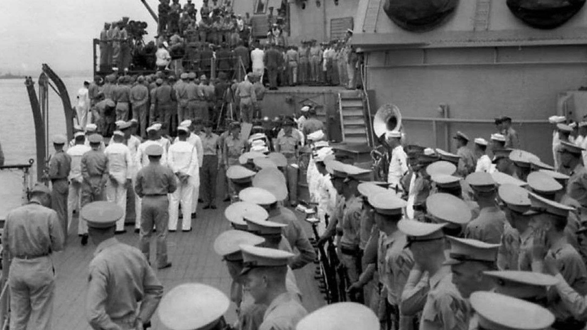 The surrender ceremony between Japan and the United States aboard USS Missouri (BB-63).