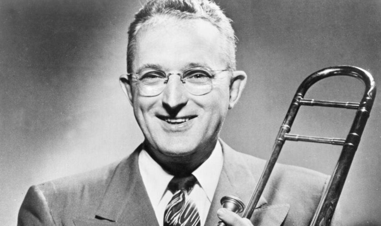 CIRCA 1947: Big Band Leader Tommy Dorsey Band poses with his trombone circa 1947.