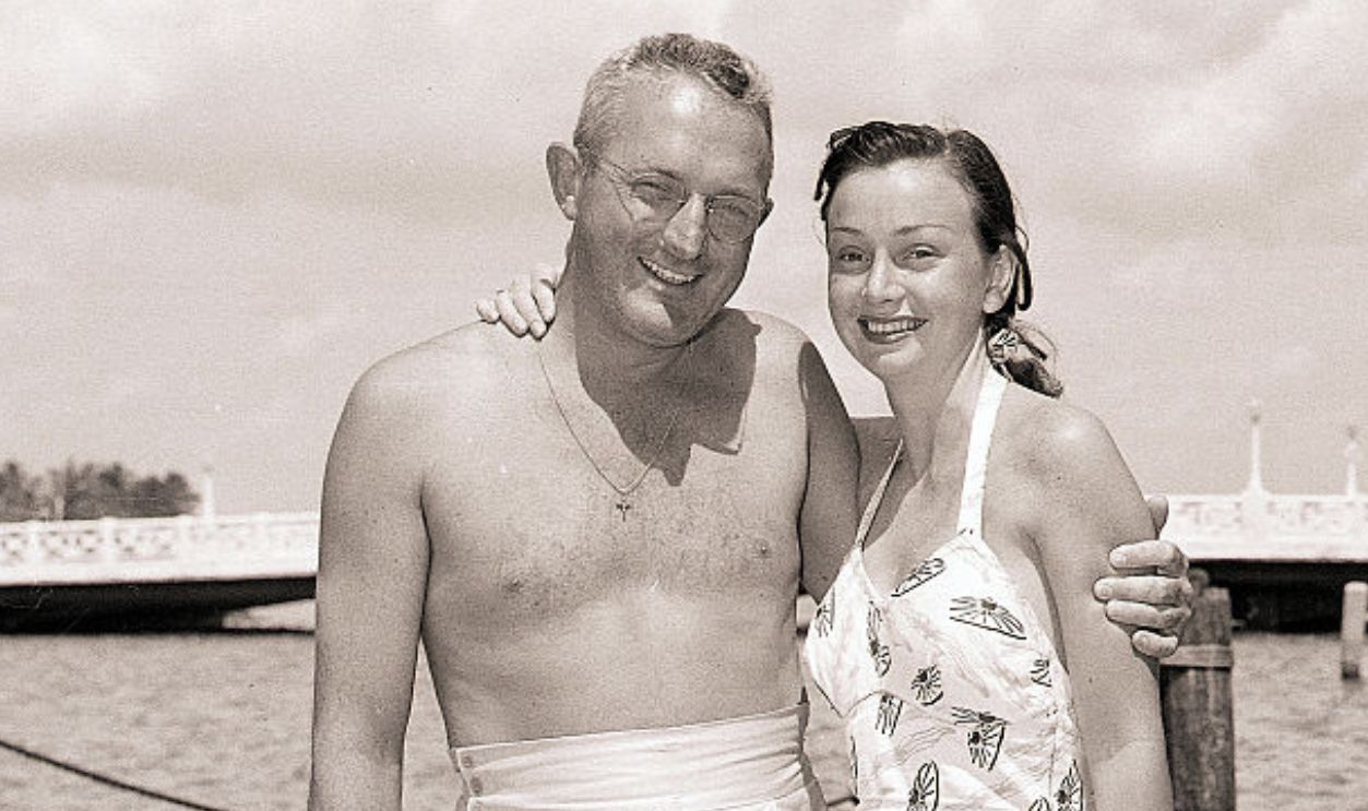 (Original Caption) 3/28/1948-Miami Beach, FL- Band leader Tommy Dorsey and his bride, the former Jane New, pause before boarding their yacht in Miami Beach, where they are spending their honeymoon.