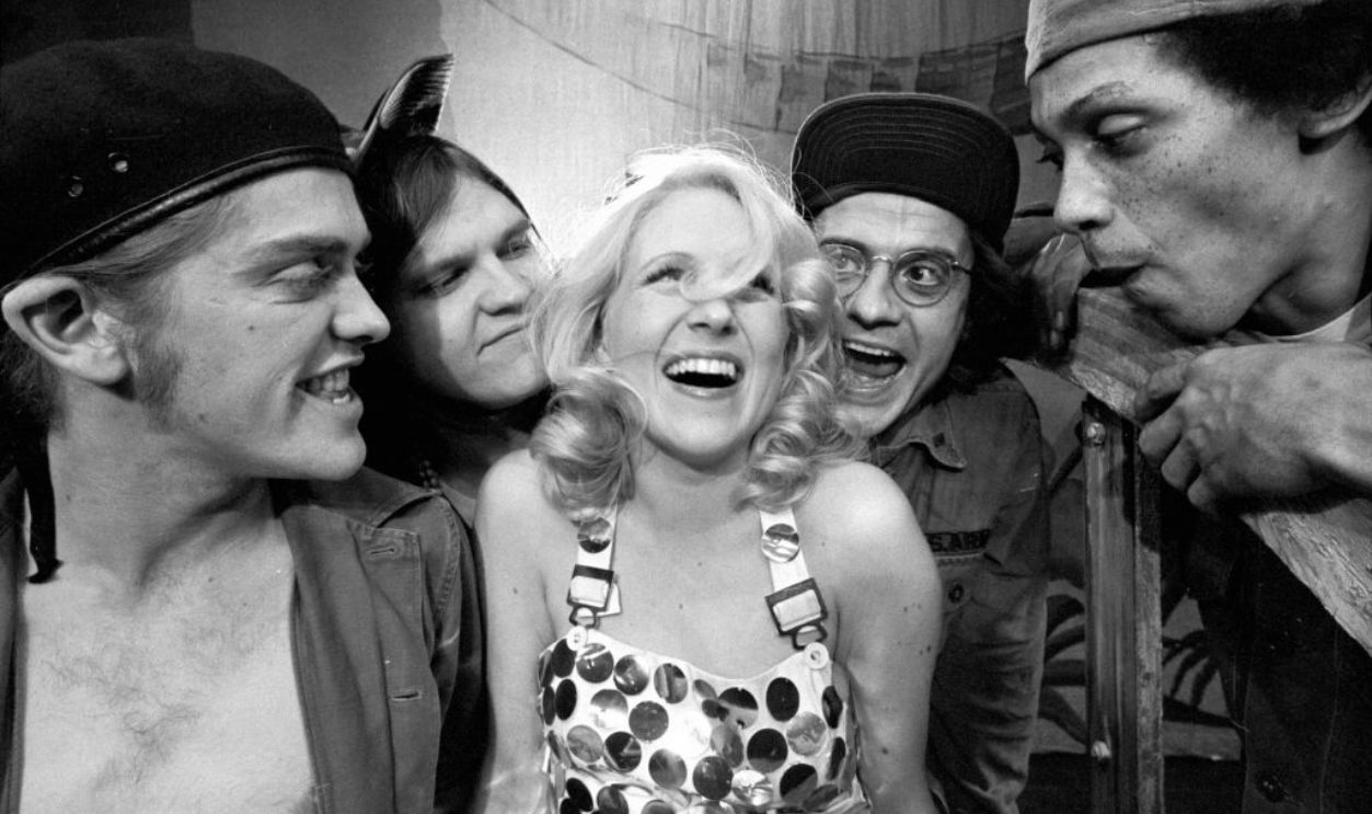 View of a production of the musical 'More Than You Deserve' (by Jim Steinman and Michael Weller) at the Public Theater, New York, New York, November 1973. Among those pictured are, from second left, Meat Loaf